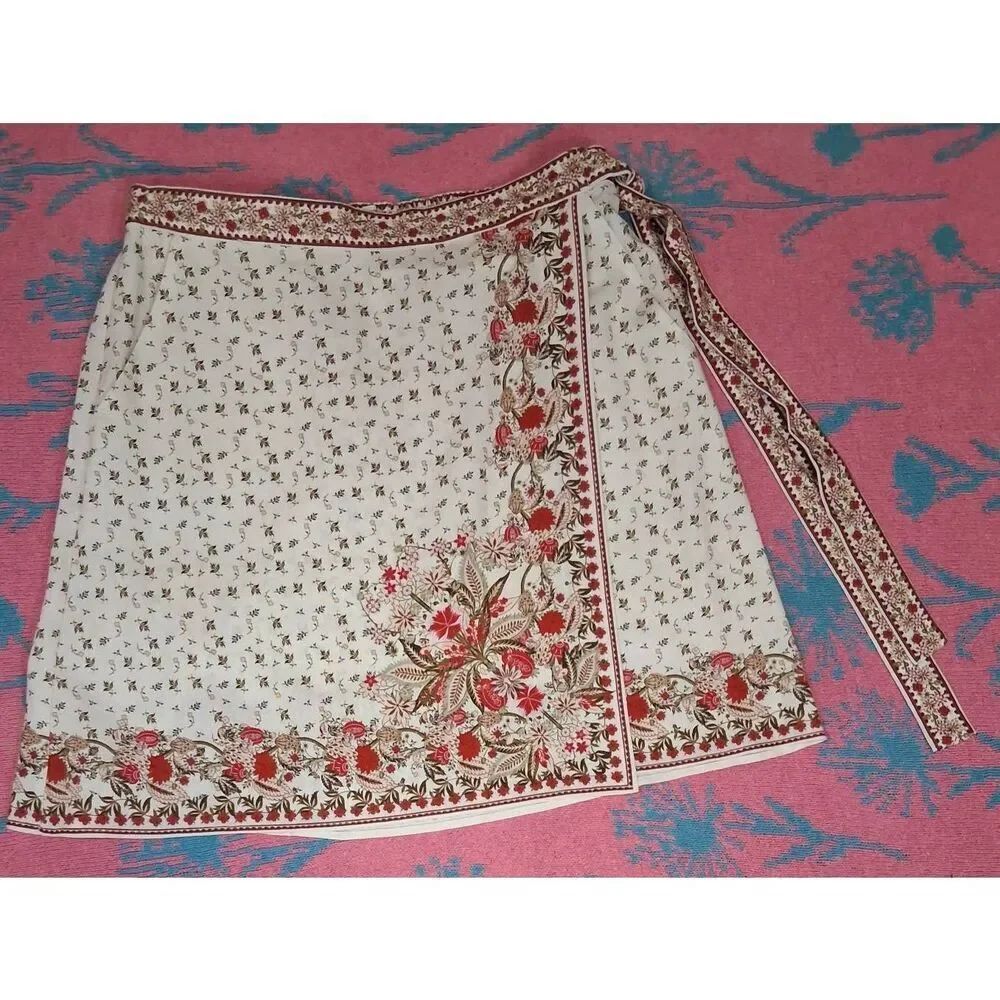 Max studio womens large wrap skirt linen blend cream floral red boho